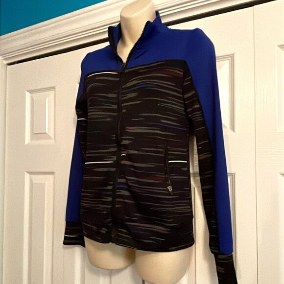 Active wear Royal Blue Gray stripe Urban zip up Sweater Girls Size L  - 14/16 - Picture 6 of 13